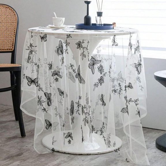 Sheer Butterfly Print Lace Tablecloth Overlay White 59x94 Inch