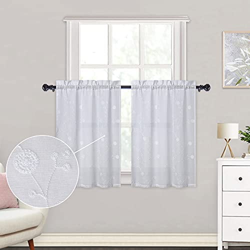 Sheer Cafe Valance Embroidered Yarn Dandelion Curtain for Short Windows Kitchen Curtain Valances Living Room, 52x36 Inches,White