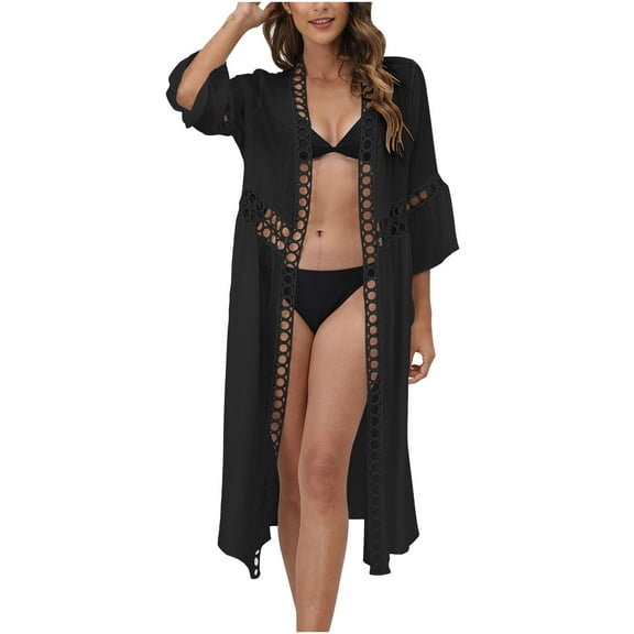 Sheer Cardigan, Women's Swimwear Cover Ups, Open Front Beach Bikinis Swimsuit Kimonos Cardigans Cover up Hollow out Flowy Long Cardigan Beachwear Black S