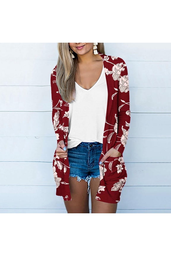 Sheer Cardigans for Women Summer Ladies Long Cardigan, Summer Light Weight Open Front Cardigans Long Sleeve Floral Printed Comfy Soft Coat with Pockets Wine XXL