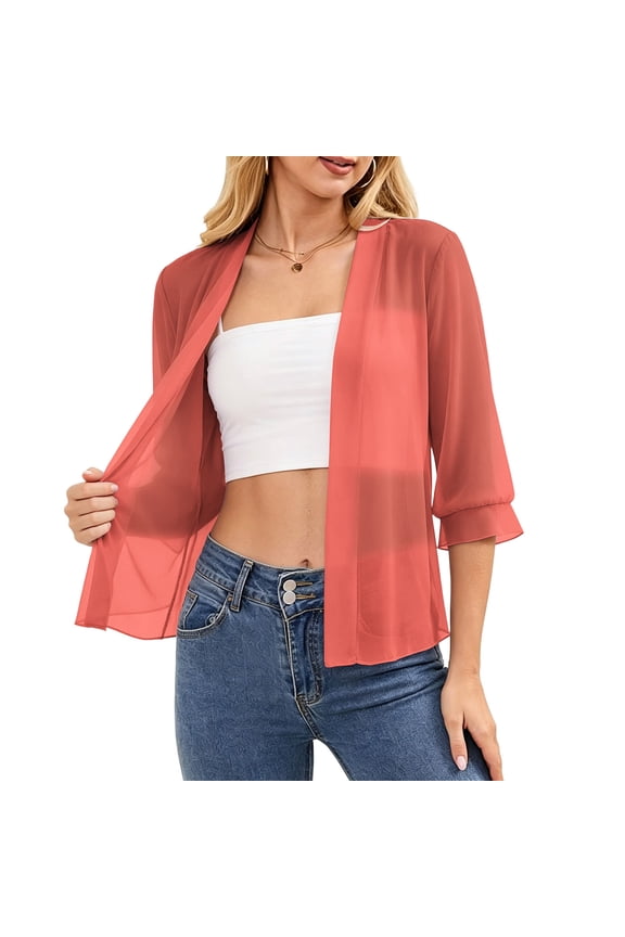 Sheer Chiffon Cardigans Womens Ruffle Hem 3/4 Sleeve Open Front Tops See-Through Lightweight Cover Ups Shirts Pink, 2XL