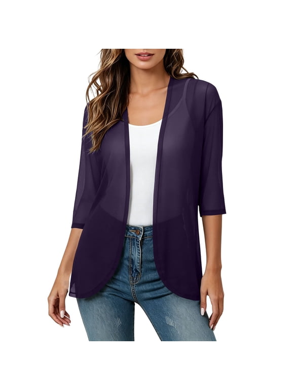 Sheer Chiffon Cardigans for Women 3/4 Sleeve Light See Through Dusters Casual Loose Kimono Cardigan