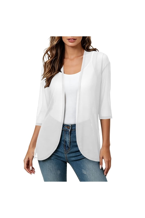 Sheer Chiffon Cardigans for Women 3/4 Sleeve Light See Through Dusters Casual Loose Kimono Cardigan
