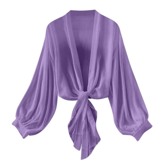 Sheer Chiffon Cardigans for Women Lightweight Tie Front Long Sleeve Cover Ups Tops Dressy Casual Shirts Cardigan Purple, M