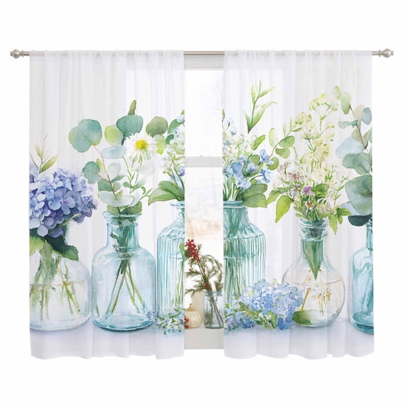 Sheer Curtain 63 Inch Length 2 Panels Light Filtering Window Curtain Abstract Watercolor Greenery Sheer Voile Curtains Rod Pocket Window Treatment for Kitchen Living Room Eucalyptus Vase