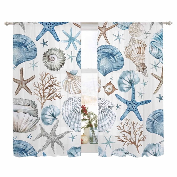 Sheer Curtain 63 Inch Length 2 Panels Light Filtering Window Curtain Blue Coastal Ocean Beach Themed Sheer Voile Curtains Rod Pocket Window Treatment for Kitchen Living Room Nautical Coral Starfish