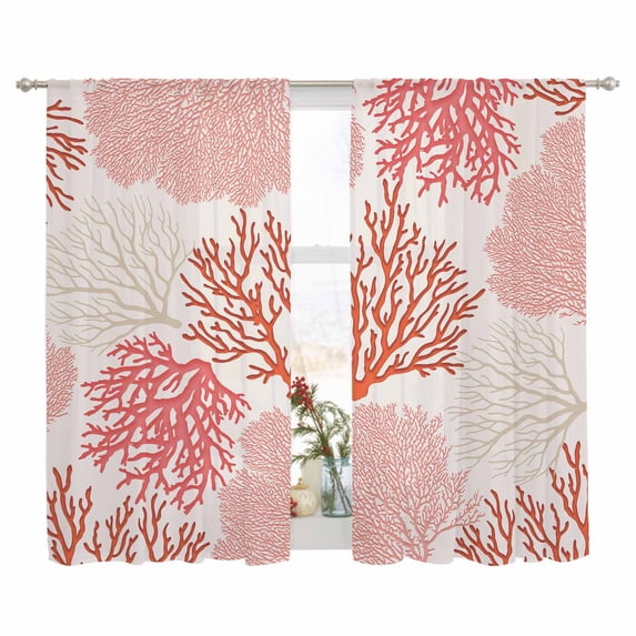 Sheer Curtain 63 Inch Length 2 Panels Light Filtering Window Curtain Coral Pink Red Sheer Voile Curtains Rod Pocket Window Treatment for Kitchen Living Room Coastal Nautical Ocean Beach