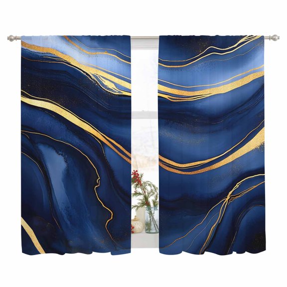 Sheer Curtain 63 Inch Length 2 Panels Light Filtering Window Curtain Dark Blue Abstract Marble Texture Sheer Voile Curtains Rod Pocket Window Treatment for Kitchen Living Room Gold Fluid Art Lines
