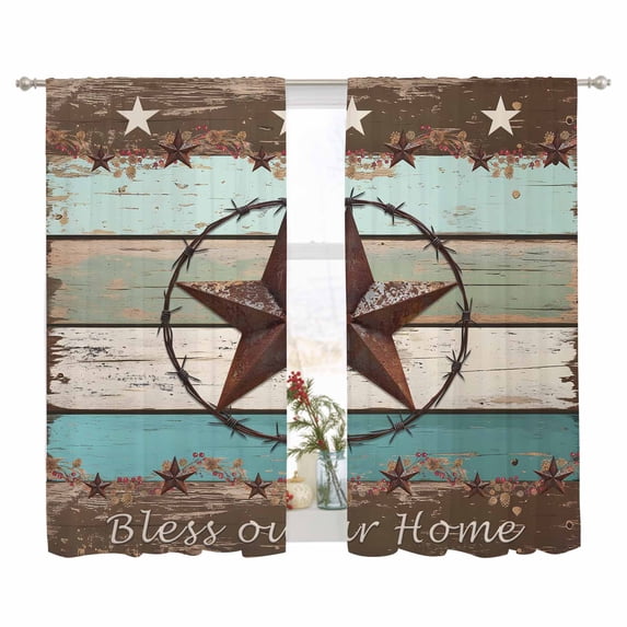 Sheer Curtain 63 Inch Length 2 Panels Light Filtering Window Curtain Farmhouse Sheer Voile Curtains Rod Pocket Window Treatment for Kitchen Living Room Wood Texture Barn Star Brown Turquoise