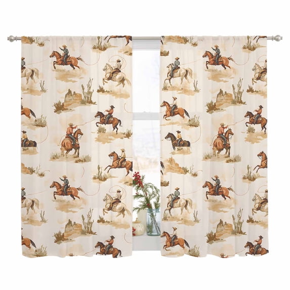 Sheer Curtain 63 Inch Length 2 Panels Light Filtering Window Curtain Farmhouse Western Sheer Voile Curtains Rod Pocket Window Treatment for Kitchen Living Room Cowboy Desert Horse Print Brown Beige