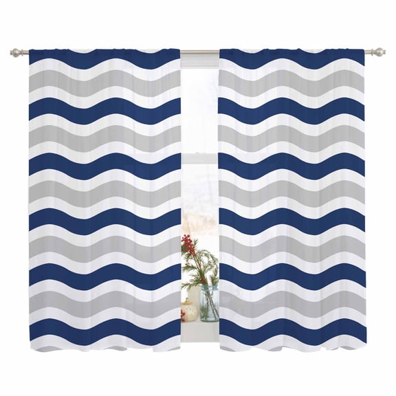 Sheer Curtain 63 Inch Length 2 Panels Light Filtering Window Curtain Geometric Striped Pattern Sheer Voile Curtains Rod Pocket Window Treatment for Kitchen Living Room Navy Grey White Wave Pattern