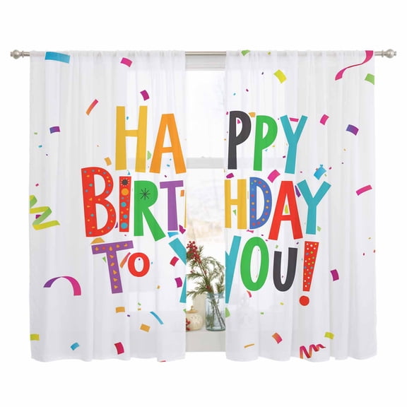 Sheer Curtain 63 Inch Length 2 Panels Light Filtering Window Curtain Happy Birthday Sheer Voile Curtains Rod Pocket Window Treatment for Kitchen Living Room Color Ribbon Cheers Celebration