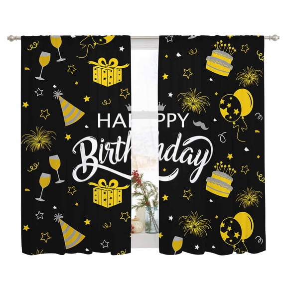 Sheer Curtain 63 Inch Length 2 Panels Light Filtering Window Curtain Happy Birthday Sheer Voile Curtains Rod Pocket Window Treatment for Kitchen Living Room Cake Fireworks Black Gold