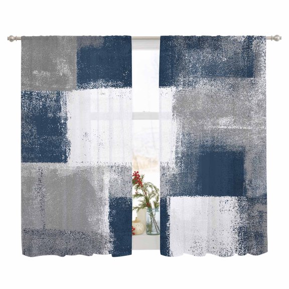 Sheer Curtain 63 Inch Length 2 Panels Light Filtering Window Curtain Navy Grey Paint Textured Sheer Voile Curtains Rod Pocket Window Treatment for Kitchen Living Room Abstract Rustic Blue Tones