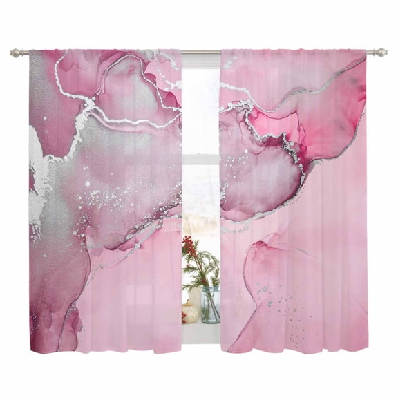 Sheer Curtain 63 Inch Length 2 Panels Light Filtering Window Curtain Pink Marble Textured Sheer Voile Curtains Rod Pocket Window Treatment for Kitchen Living Room Abstract Ocean Fluid Art
