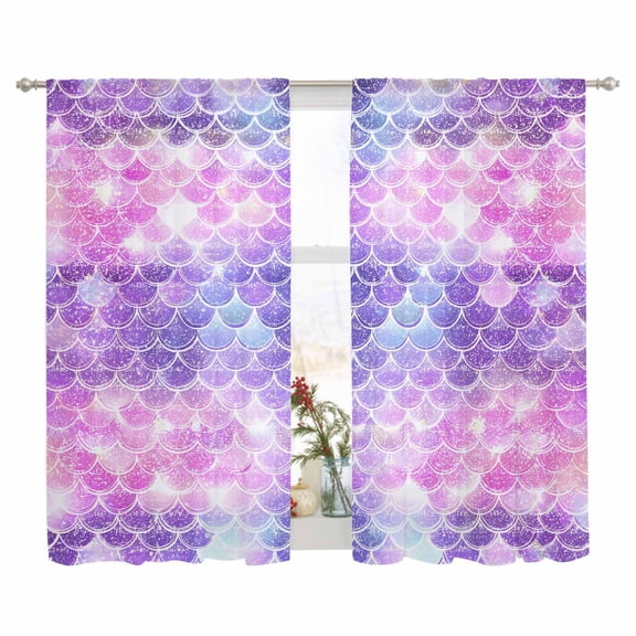 Sheer Curtain 63 Inch Length 2 Panels Light Filtering Window Curtain Purple Pink Mermaid Scales Sheer Voile Curtains Rod Pocket Window Treatment for Kitchen Living Room Gradual Fish Scale Pattern