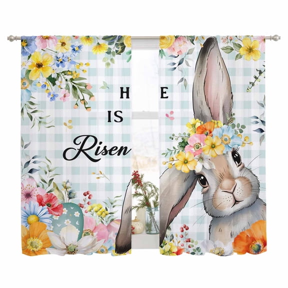 Sheer Curtain 63 Inch Length 2 Panels Light Filtering Window Curtain He Is Risen Easter Sheer Voile Curtains Rod Pocket Window Treatment for Kitchen Living Room Spring Easter Floral Bunny Green Plaid