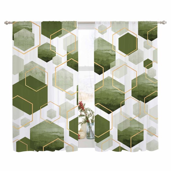 Sheer Curtain 63 Inch Length 2 Panels Light Filtering Window Curtain Sage Green Gold Geometric Sheer Voile Curtains Rod Pocket Window Treatment for Kitchen Living Room Modern Abstract Hexagon Pattern