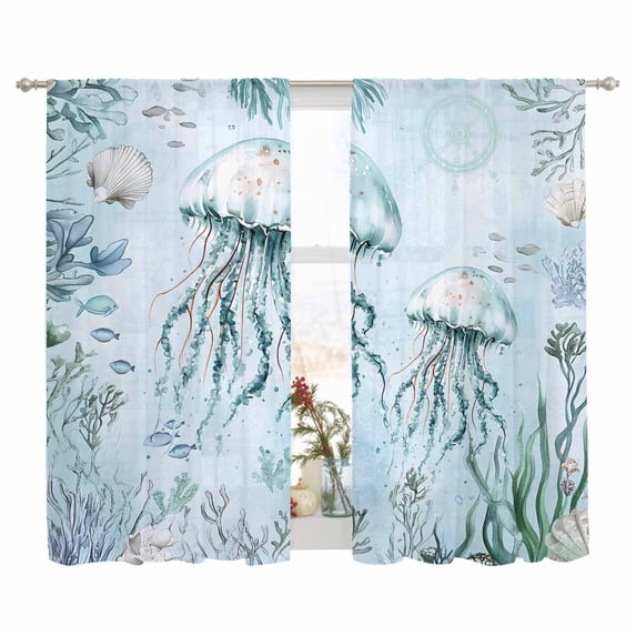 Sheer Curtain 63 Inch Length 2 Panels Light Filtering Window Curtain Summer Ocean Sheer Voile Curtains Rod Pocket Window Treatment for Kitchen Living Room Coastal Jellyfish Coral Turquoise