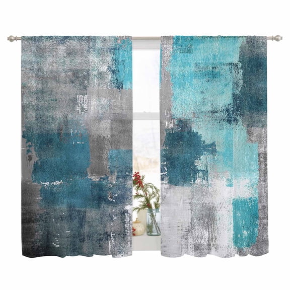 Sheer Curtain 63 Inch Length 2 Panels Light Filtering Window Curtain Teal Gray Graffiti Block Sheer Voile Curtains Rod Pocket Window Treatment for Kitchen Living Room Modern Abstract Texture Art