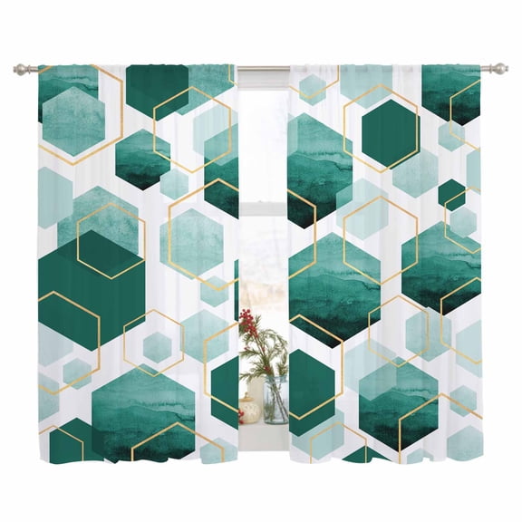 Sheer Curtain 63 Inch Length 2 Panels Light Filtering Window Curtain Teal White Gold Geometric Sheer Voile Curtains Rod Pocket Window Treatment for Kitchen Living Room Modern Abstract Hexagon Pattern