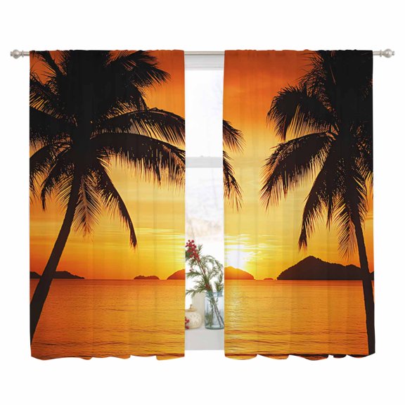 Sheer Curtain 63 Inch Length 2 Panels Light Filtering Window Curtain Tropical Sheer Voile Curtains Rod Pocket Window Treatment for Kitchen Living Room Coconut Beach Sunset Orange Gold Yellow