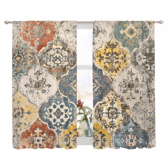 Sheer Curtain 63 Inch Length 2 Panels Light Filtering Window Curtain Vintage Boho Morocco Sheer Voile Curtains Rod Pocket Window Treatment for Kitchen Living Room Floral Lattice Pattern Yellow Cream