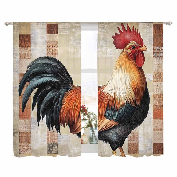 Sheer Curtain 63 Inch Length 2 Panels Light Filtering Window Curtain Vintage Farmhouse Sheer Voile Curtains Rod Pocket Window Treatment for Kitchen Living Room Watercolor Rooster Pattern Red Brown