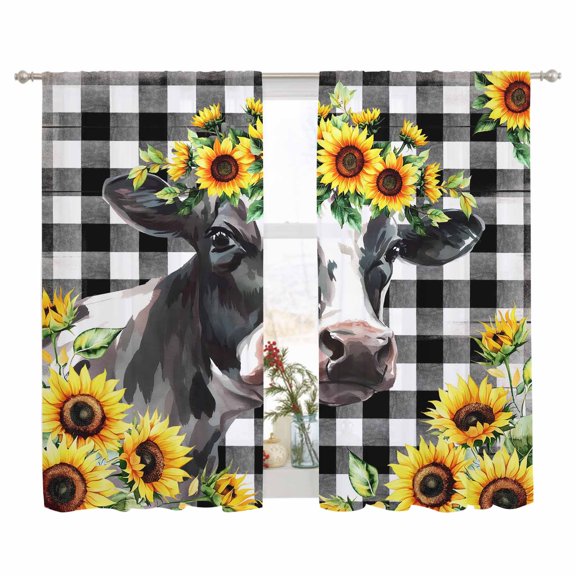 Sheer Curtain 63 Inch Length 2 Panels Light Filtering Window Curtain Yellow Sunflower Cow Farmhouse Sheer Curtains Rod Pocket Window Treatment for Kitchen Living Room Black And White Check Plaid