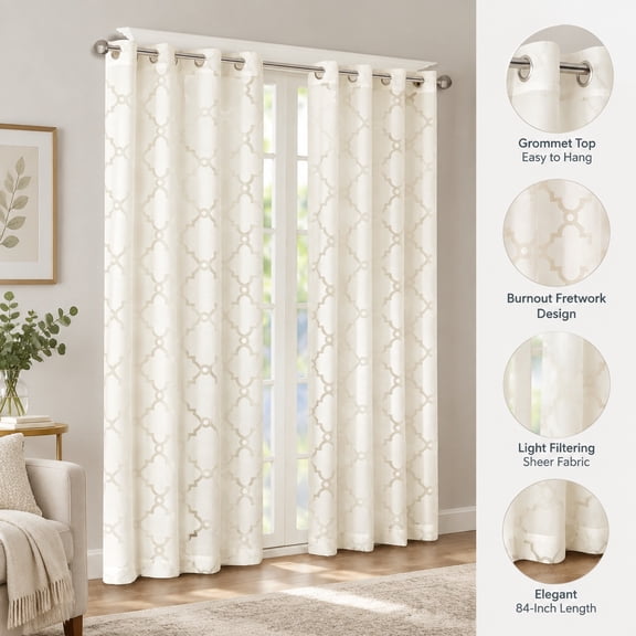 Sheer Curtain Panel Burnout Fretwork Window Drapery Decorative Single Panel 84 Inch Length