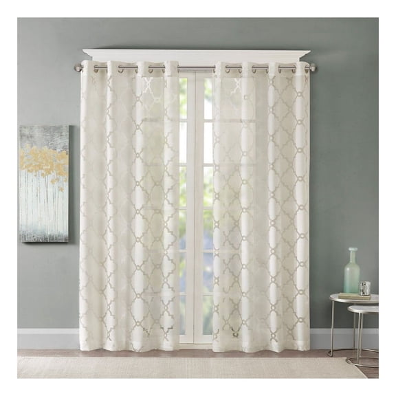 Sheer Curtain Panel Fretwork Burnout - 50x95 Inch - Lightweight Voile Grommet Top Window Treatment for Living Room & Bedroom - Ivory