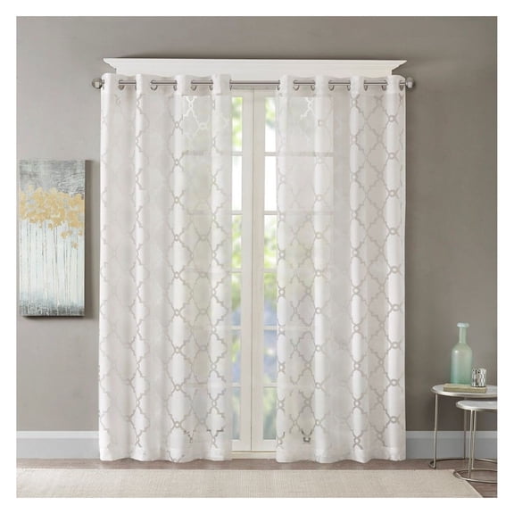 Sheer Curtain Panel Fretwork Burnout - 50x95 Inch - Lightweight Voile Window Treatment - Silver Grommet Top - Single Panel