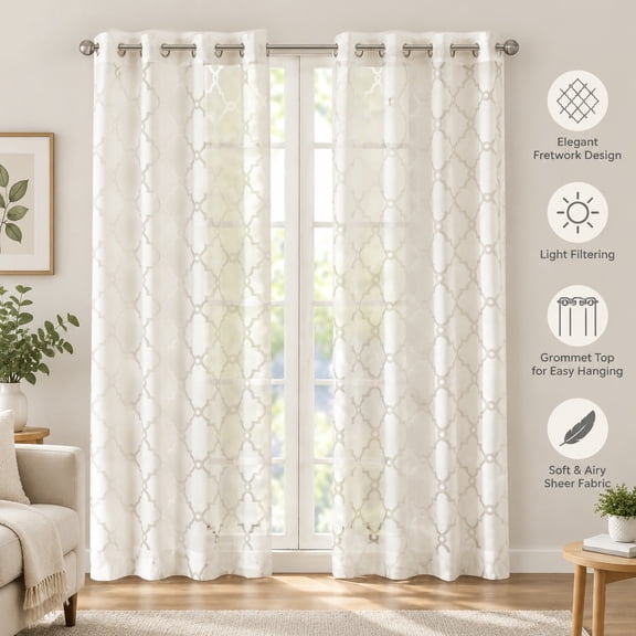Sheer Curtain Panel with Elegant Fretwork Burnout Design, 1 Piece, Light Filtering Window Treatment
