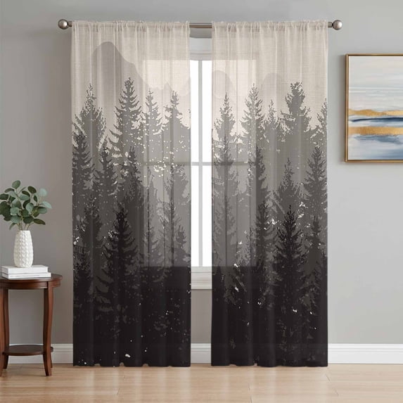 Sheer Curtain Panels Abstract Forest Rod Pocket Voile Window Curtains Black Gray Trees Window Treatments Ligh Filtering Privacy Curtain Drapes for Bedroom Living Room 2 Panel Set 96 Inch Length,