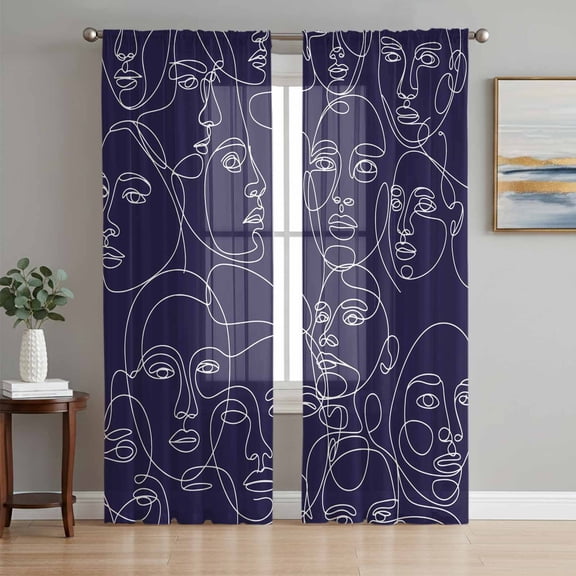 Sheer Curtain Panels Abstract Human Face Voile Window Curtains Aesthetic Portrait Lines Blue Window Treatments Ligh Filtering Privacy Curtain Drapes for Bedroom Living Room 2 Panel Set 63 Inch