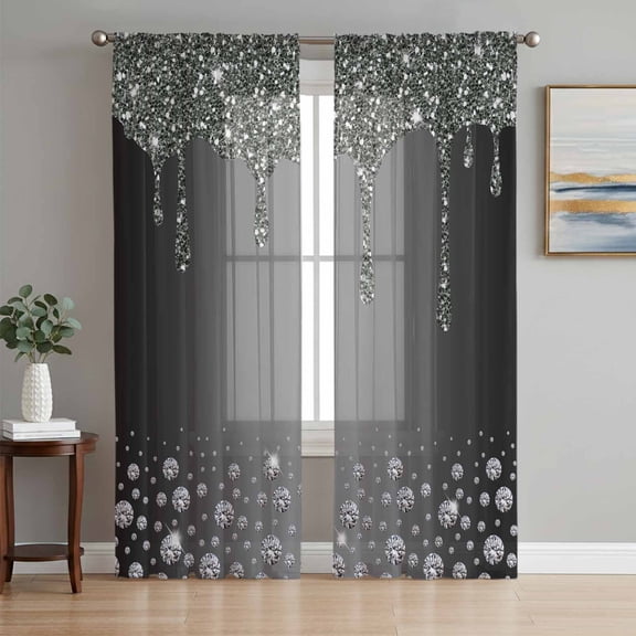Sheer Curtain Panels Black Diamond Rod Pocket Voile Window Curtains Luxury Bling Water Drop Window Treatments Ligh Filtering Privacy Curtain Drapes for Bedroom Living Room 2 Panel Set 63 Inch