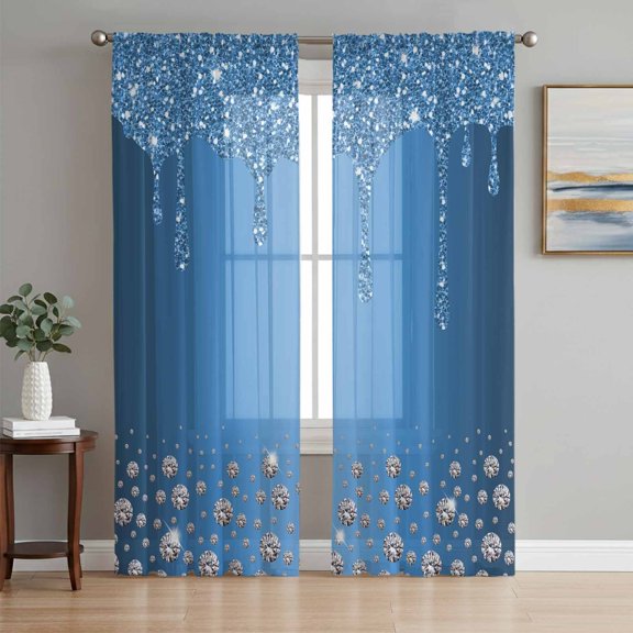 Sheer Curtain Panels Blue Diamond Rod Pocket Voile Window Curtains Luxury Bling Water Drop Window Treatments Ligh Filtering Privacy Curtain Drapes for Bedroom Living Room 2 Panel Set 84 Inch