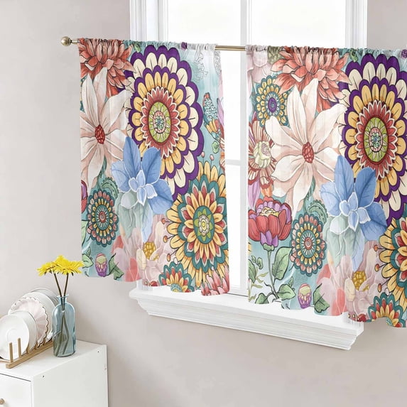 Sheer Curtain Panels Bohemian Floral Rod Pocket Voile Window Curtains Boho Flowers Window Treatments Ligh Filtering Privacy Curtain Drapes for Bedroom Living Room 2 Panel Set 54 Inch Length