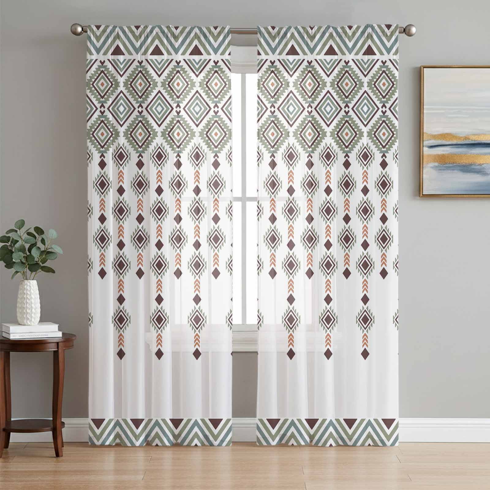 Sheer Curtain Panels Boho Diamond Voile Window Curtains Bohemian Geometric Stripes Beads Window Treatments Ligh Filtering Privacy Curtain Drapes for Bedroom Living Room 2 Panel Set 63 Inch