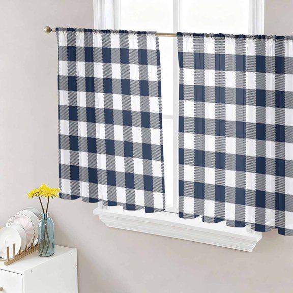 Sheer Curtain Panels Buffalo Plaid Dark Blue Check Voile Window Curtains Farmhouse Style Window Treatments Ligh Filtering Privacy Curtain Drapes for Bedroom Living Room 2 Panel Set 45 Inch