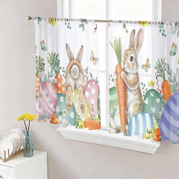 Sheer Curtain Panels Bunny Carrot Voile Window Curtains Easter Eggs Floral Leaves White Window Treatments Ligh Filtering Privacy Curtain Drapes for Bedroom Living Room 2 Panel Set 54 Inch Length