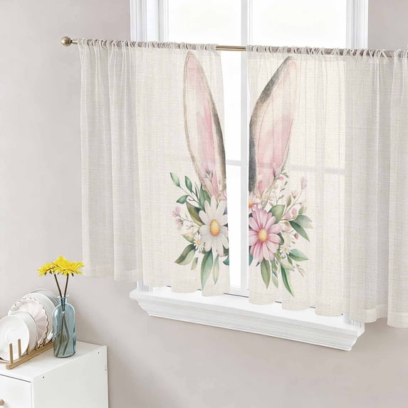 Sheer Curtain Panels Bunny Ear Rod Pocket Voile Window Curtains Spring Floral Beige Window Treatments Ligh Filtering Privacy Curtain Drapes for Bedroom Living Room 2 Panel Set 54 Inch Length
