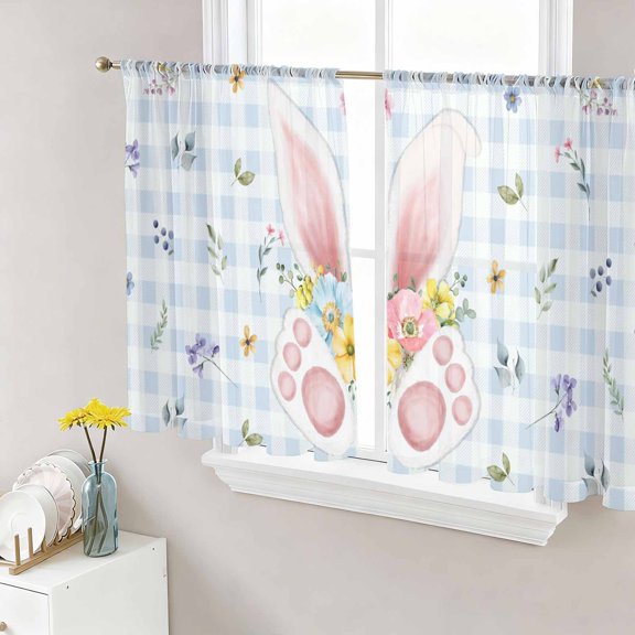Sheer Curtain Panels Bunny Ears Feet Voile Window Curtains Flower Rabbit Blue Plaid Window Treatments Ligh Filtering Privacy Curtain Drapes for Bedroom Living Room 2 Panel Set 45 Inch Length