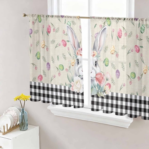 Sheer Curtain Panels Bunny Easter Eggs Voile Window Curtains Rabbit Floral Leaves Window Treatments Ligh Filtering Privacy Curtain Drapes for Bedroom Living Room 2 Panel Set 45 Inch Length