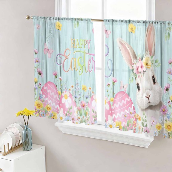 Sheer Curtain Panels Bunny Easter Eggs Voile Window Curtains Rabbit Spring Floral Wood Grain Window Treatments Ligh Filtering Privacy Curtain Drapes for Bedroom Living Room 2 Panel 45 Inch Length
