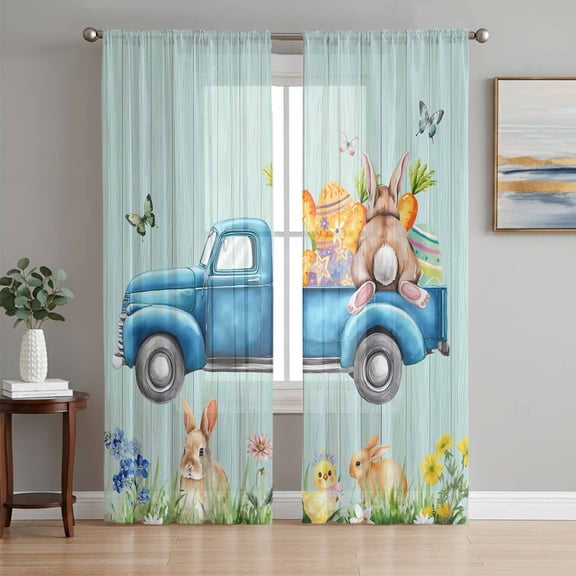 Sheer Curtain Panels Bunny Truck Voile Window Curtains Easter Eggs Rabbit Spring Wood Grain Window Treatments Ligh Filtering Privacy Curtain Drapes for Bedroom Living Room 2 Panel 108 Inch Length