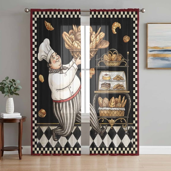 Sheer Curtain Panels Chef Carrying Bread Voile Window Curtains Bakery Display Black Buffalo Plaid Window Treatments Ligh Filtering Privacy Curtain Drapes for Bedroom Living Room 2 Panel Set 63 Inch