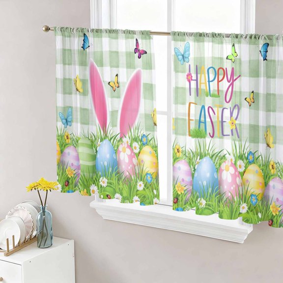 Sheer Curtain Panels Colorful Egg Voile Window Curtains Easter Eggs Bunny Ears Green Plaid Window Treatments Ligh Filtering Privacy Curtain Drapes for Bedroom Living Room 2 Panel Set 45 Inch Length