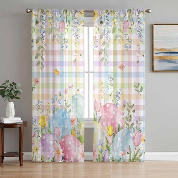 Sheer Curtain Panels Colorful Egg Voile Window Curtains Spring Floral Easter Eggs Plaid Window Treatments Ligh Filtering Privacy Curtain Drapes for Bedroom Living Room 2 Panel Set 108 Inch Length