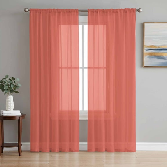 Sheer Curtain Panels Coral Red Rod Pocket Voile Window Curtains Gradient Gradual Color Window Treatments Ligh Filtering Privacy Curtain Drapes for Bedroom Living Room 2 Panel Set 63 Inch